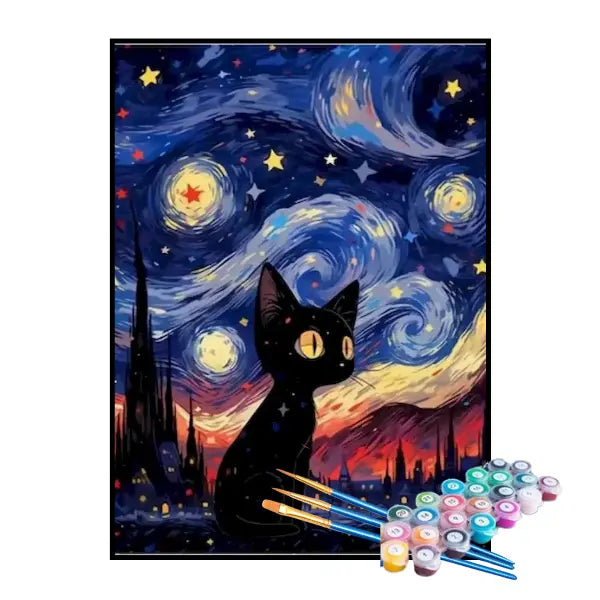 Kit de pintura por números: Pequeño gato negro bajo la noche estrellada
