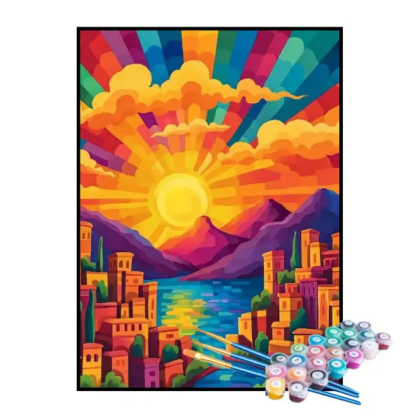 Kit de pintura por números: El sol colorea la ciudad