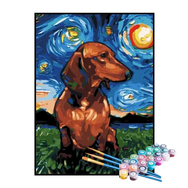 Kit de pintura por números: Perro en la noche estrellada