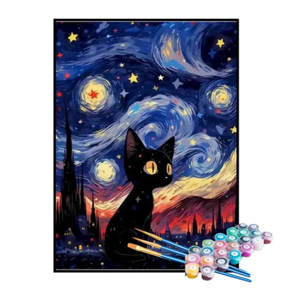 Kit de pintura por números: Pequeño gato negro bajo la noche estrellada