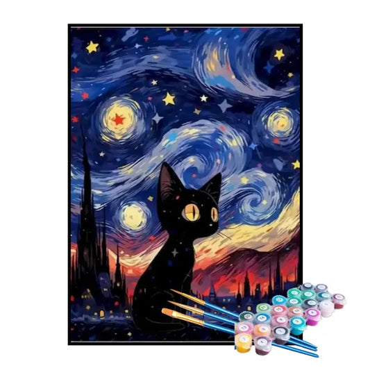 Kit de pintura por números: Pequeño gato negro bajo la noche estrellada