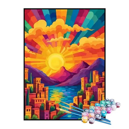 Kit de pintura por números: El sol colorea la ciudad