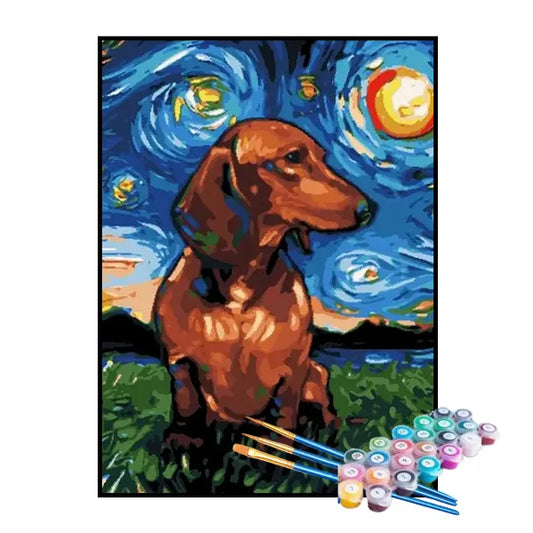 Kit de pintura por números: Perro en la noche estrellada