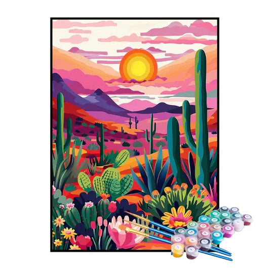Kit de pintura por números: Cactus y atardecer en el desierto